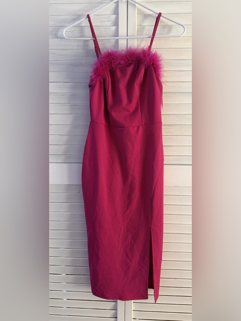 Feather-Trim Midi Dress in Fuchsia